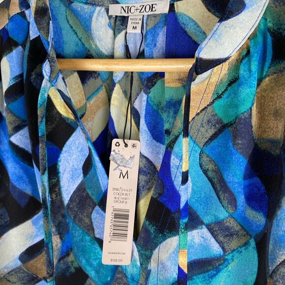 NWT NIC+ZOE Wave Links Top Size M Blue Black Print Blouse Classic Party Dressy - Picture 10 of 13